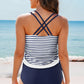 Blue Stripe Drawstring Tummy Control Mix-and-match 2pcs Tankini Swimsuit