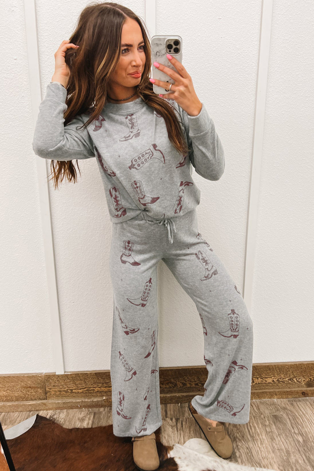 Grey Cowgirl Boots Printed Long Sleeve Top Trousers Lounge Set