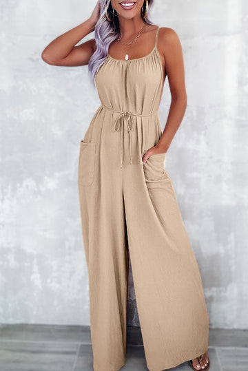 Chestnut Spaghetti Straps Waist Tie Wide Leg Jumpsuit with Pockets