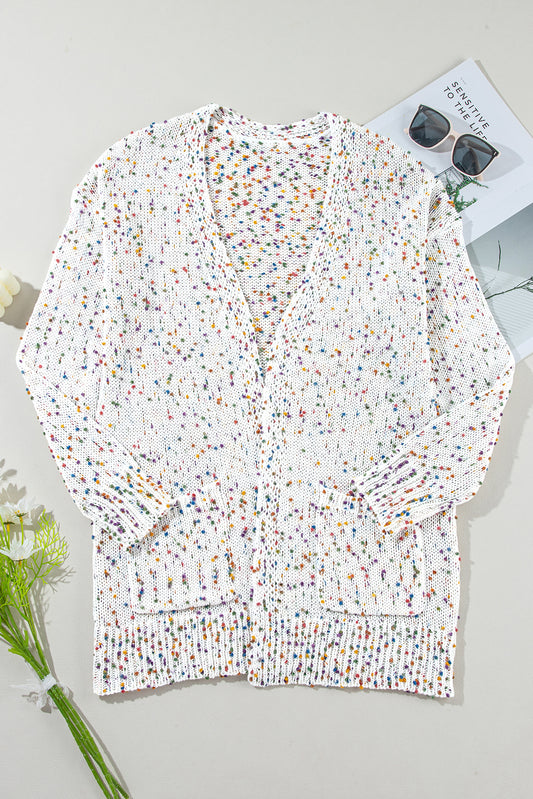 White Multicolour Dotted Rib Knit Long Sleeve Cardigan