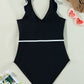 Black Color Contrast Ruffled Wrap V Neck Swimsuit