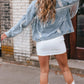 Sky Blue Sequin Embellished Fringe Distressed Denim Jacket