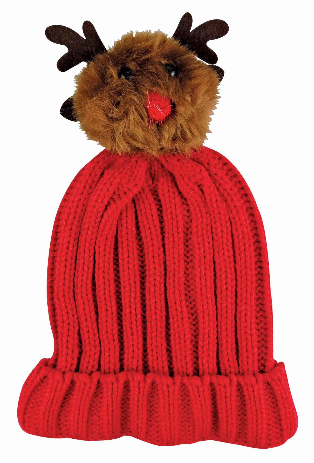 Ladies Christmas Beanie Hat with Rudolf Pom Pom