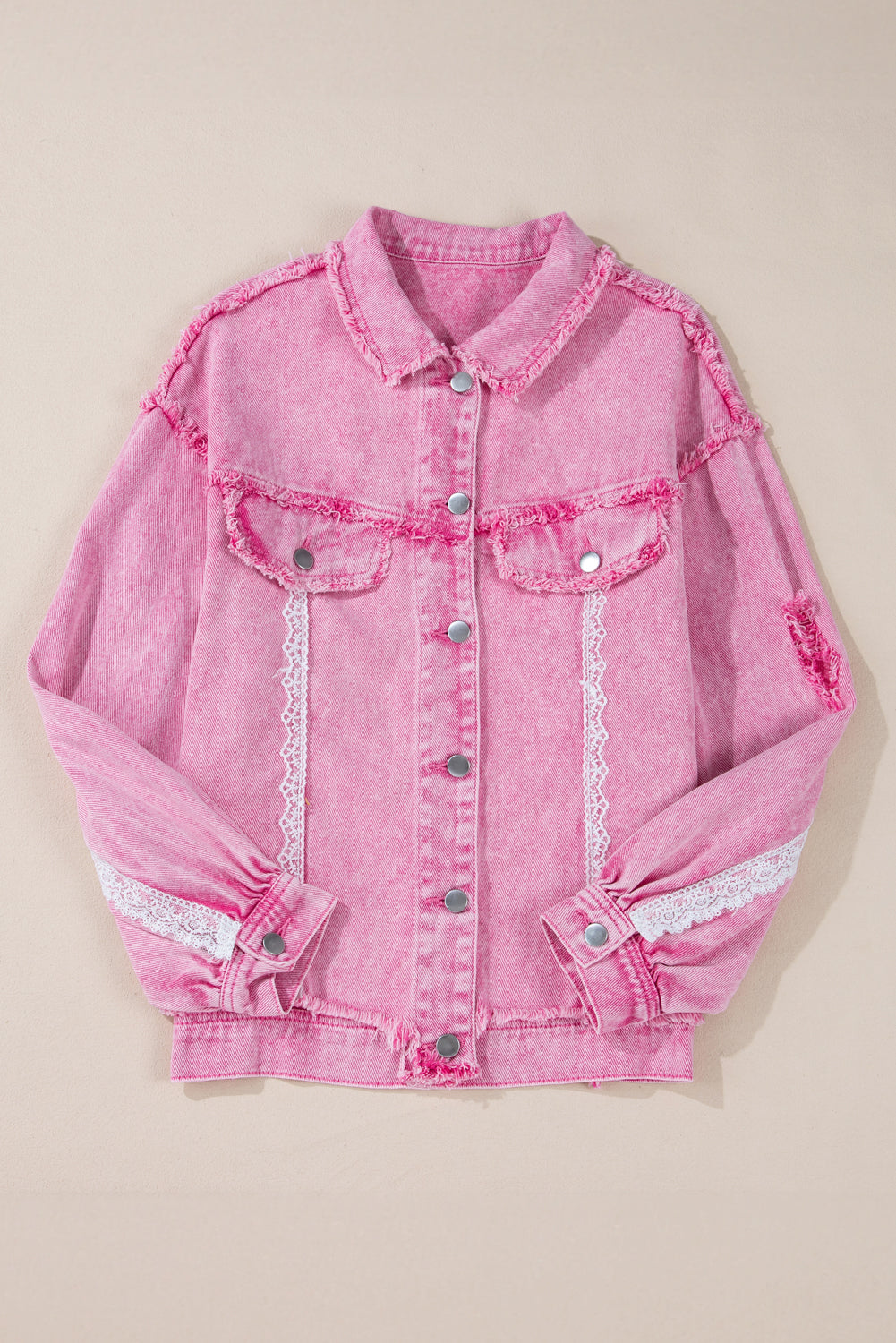 Pink Lace Patchwork Distressed Buttoned Denim Jacket