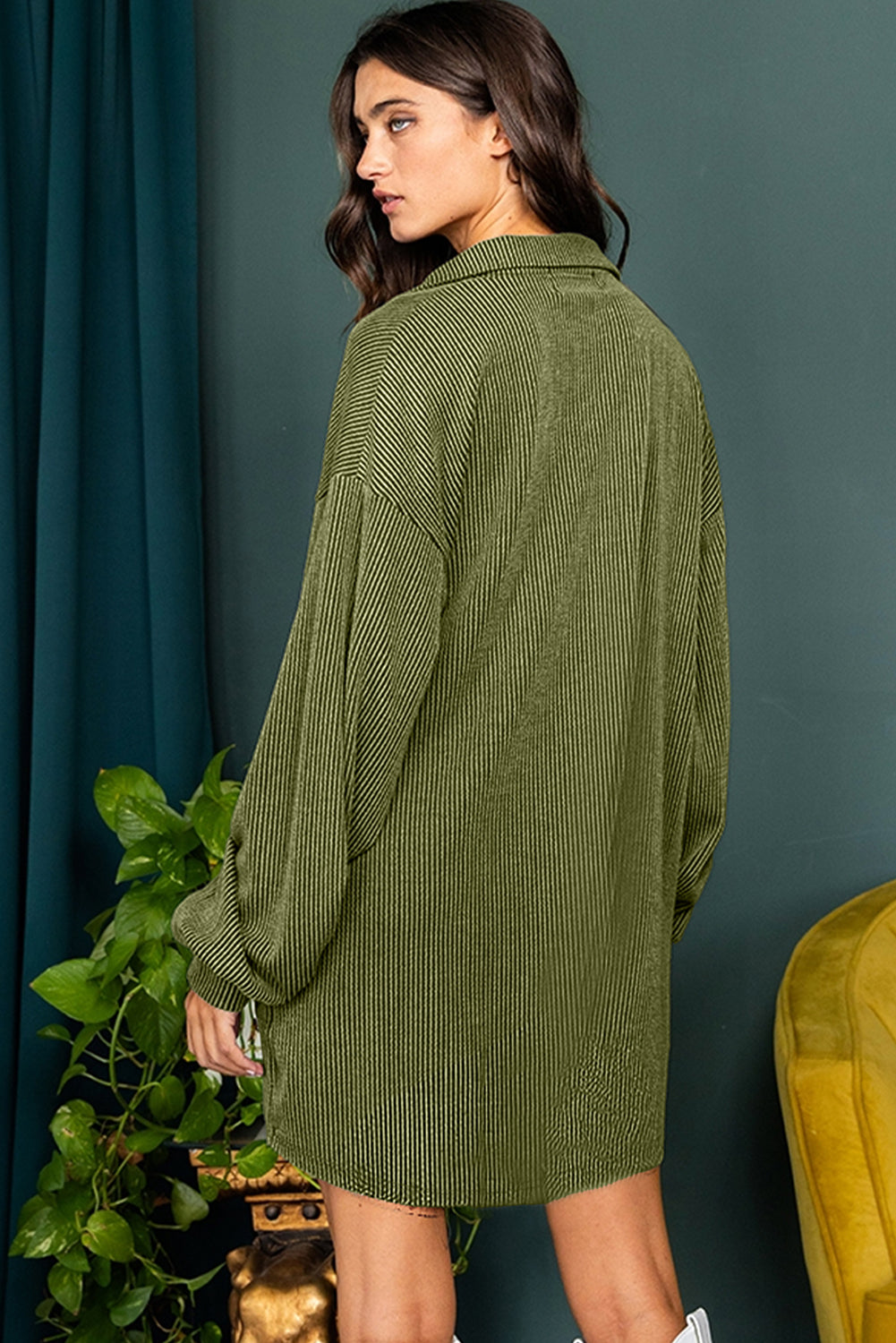 Moss Green Corduroy Buttons Placket Drop Shoulder Collared Shift Dress