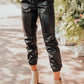 Black Faux Leather Ankle Smocked Waist Drawstring Joggers