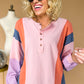 Pink Colorblock Long Sleeve Buttons Henley Top