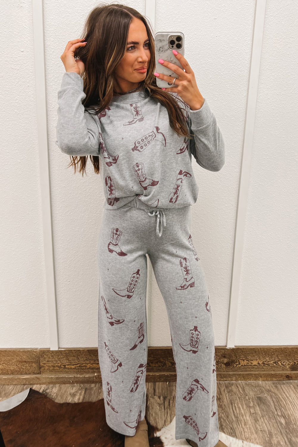 Grey Cowgirl Boots Printed Long Sleeve Top Trousers Lounge Set