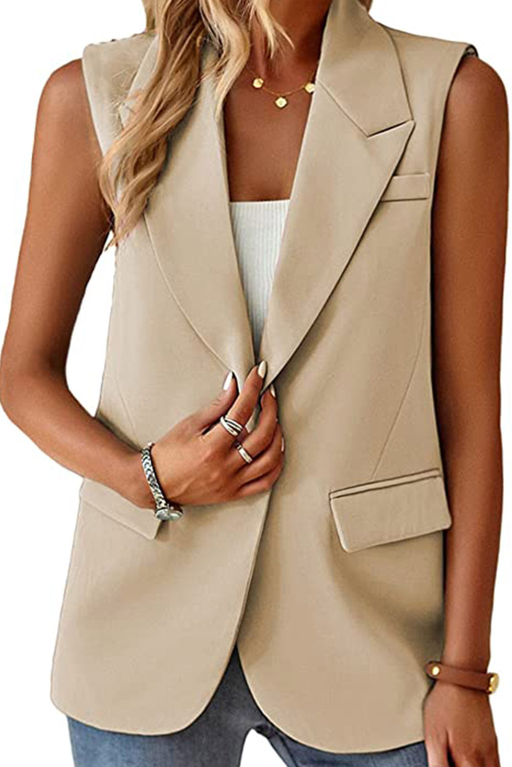 Apricot Single Button Pocketed Lapel Sleeveless Blazer