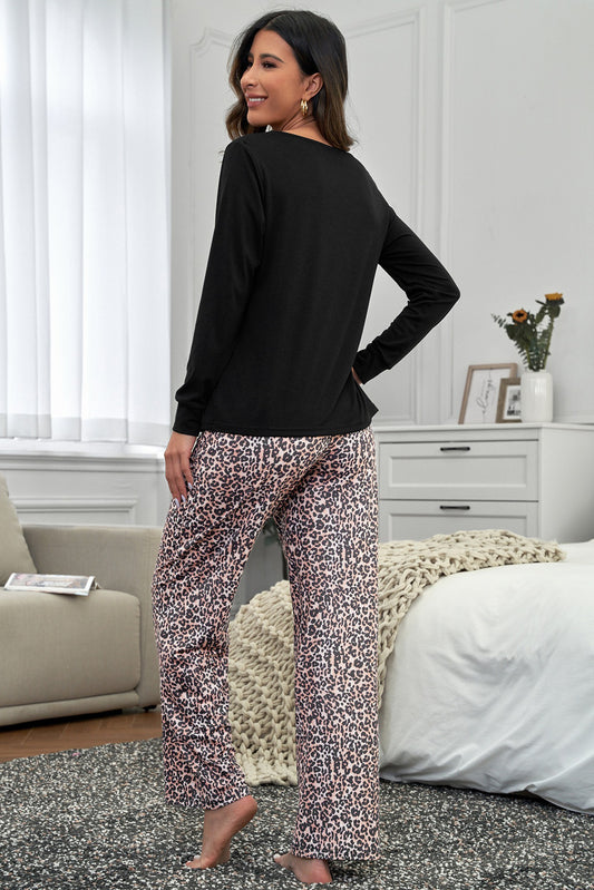 Long Sleeve Top and Leopard Print Trousers Lounge Set