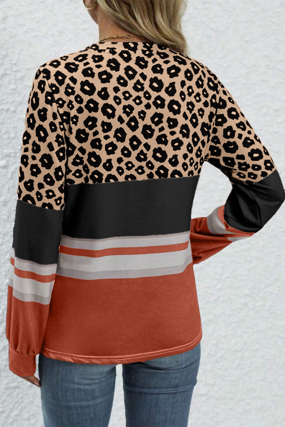 Khaki Leopard Color Block Crewneck Long Sleeve Top