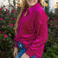 Bright Pink Plus Size Velvet Chest Pocket Drop Shoulder Shirt