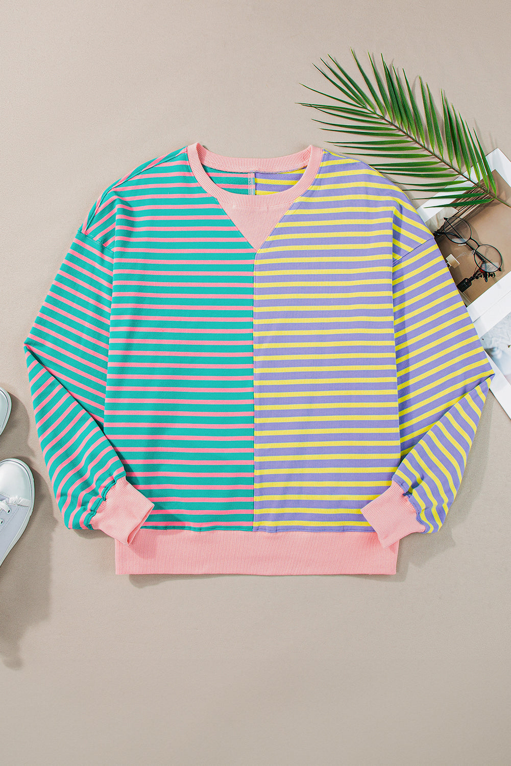 Brown Stripe Casual Stripe Colourblock Drop Shoulder Oversize Sweatshirt