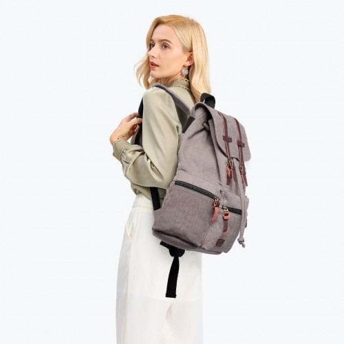 E1672 - Kono Large Multi Function Leather Details Canvas Backpack - Grey