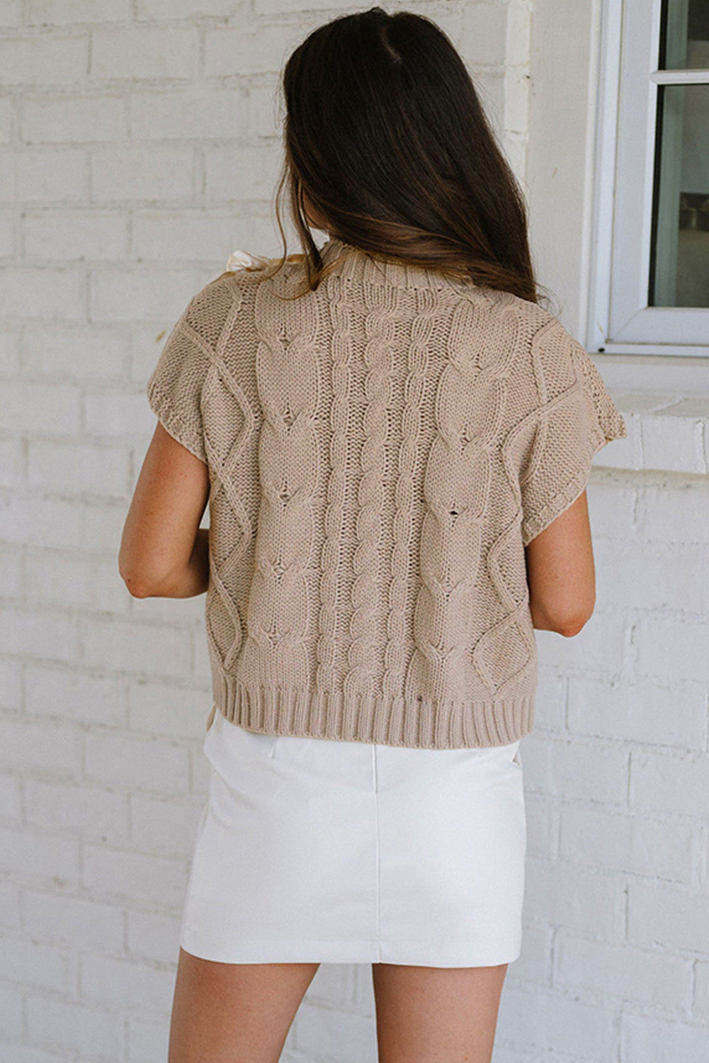 Simply Taupe Cable Knit Colourblock Satin Bowknot Short Sleeve Sweater