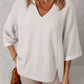 White Solid Color Corded Drop Shoulder 3/4 Sleeve V Neck Top