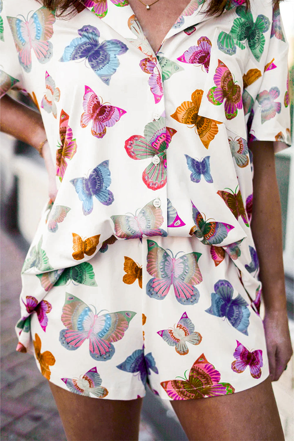 Multicolour Butterfly Pattern Short Sleeve Shirt Pyjamass Set