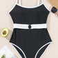 Black Contrast Trim Two Tone Belted One Piece Swimsuit