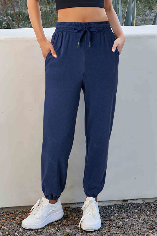 Navy Blue Solid Colour Fleece Lined Drawstring Waist Joggers