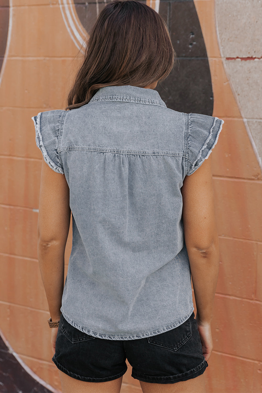 Beau Blue Frayed Ruffle Sleeve Denim Shirt