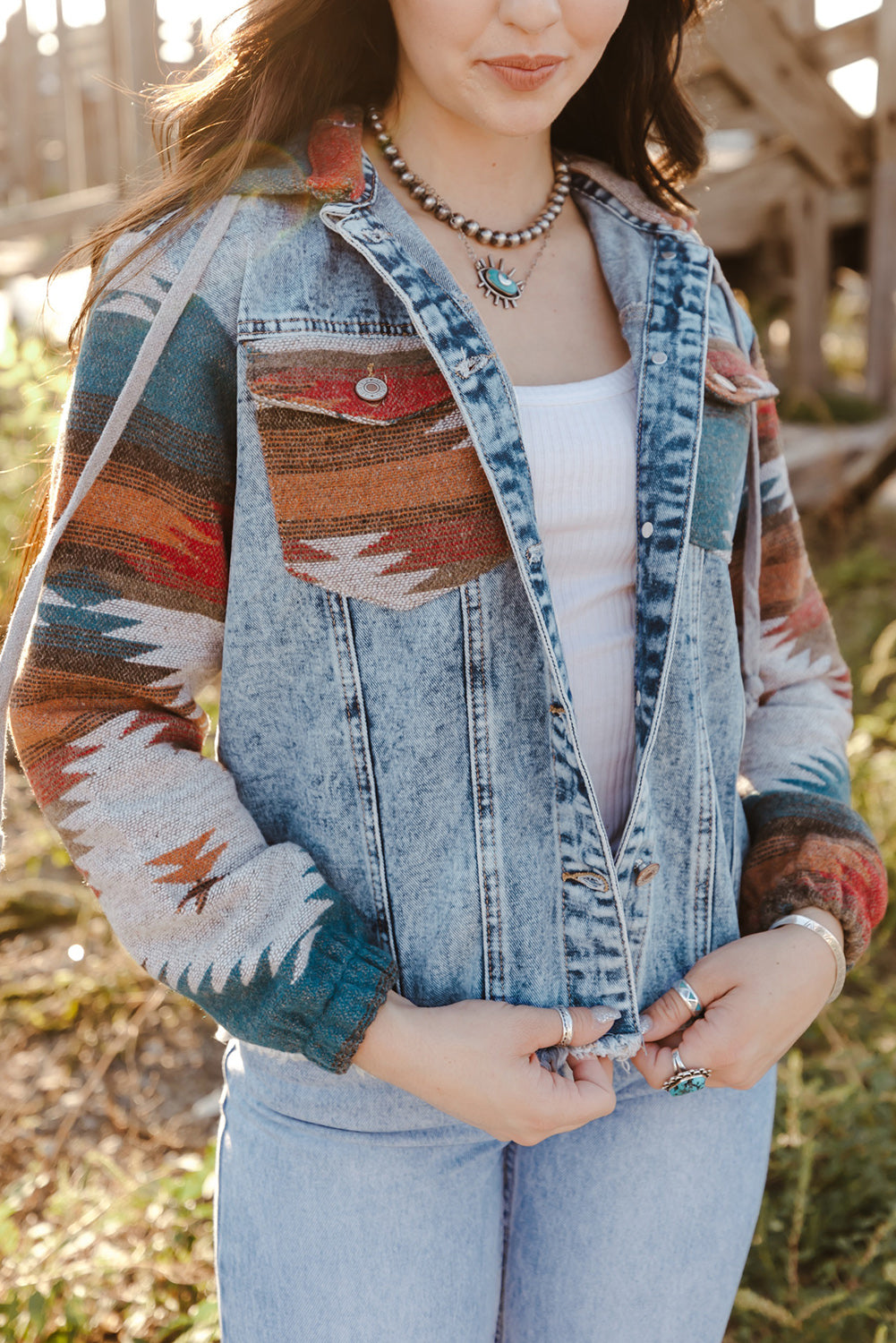 Multicolour Aztec Print Frayed Hem Denim Jacket