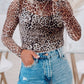 Brown Leopard Smocked Neck Mesh Long Sleeve Bodysuit