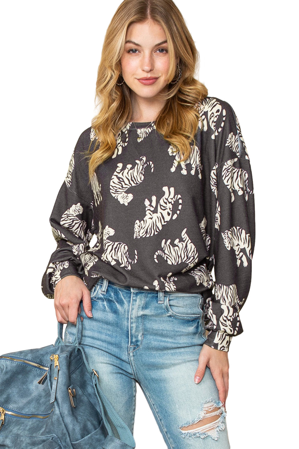 White Lively Tiger Print Casual Sweatshirt