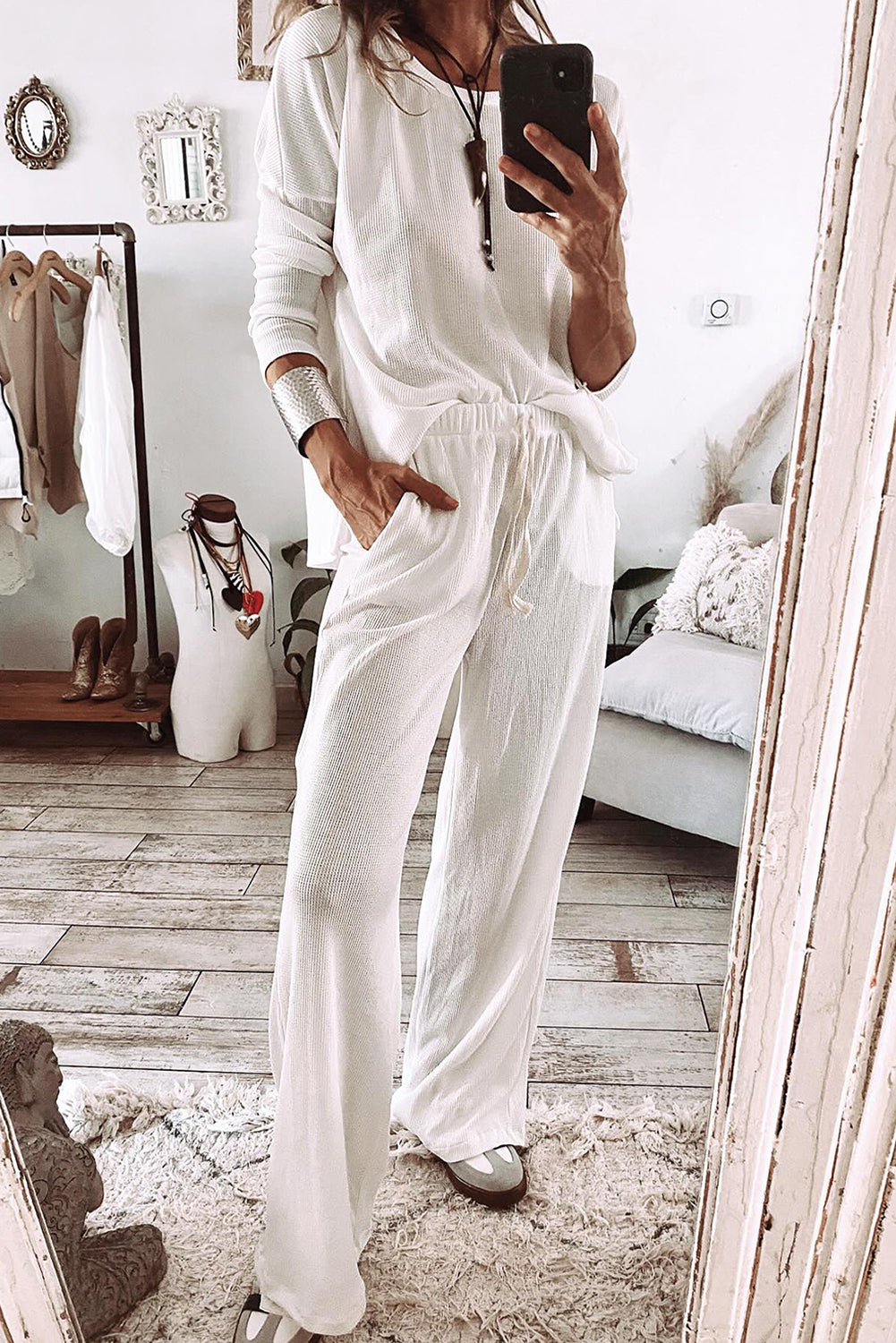 Parchment Textured Long Sleeve T Shirt and Trousers Lounge Set