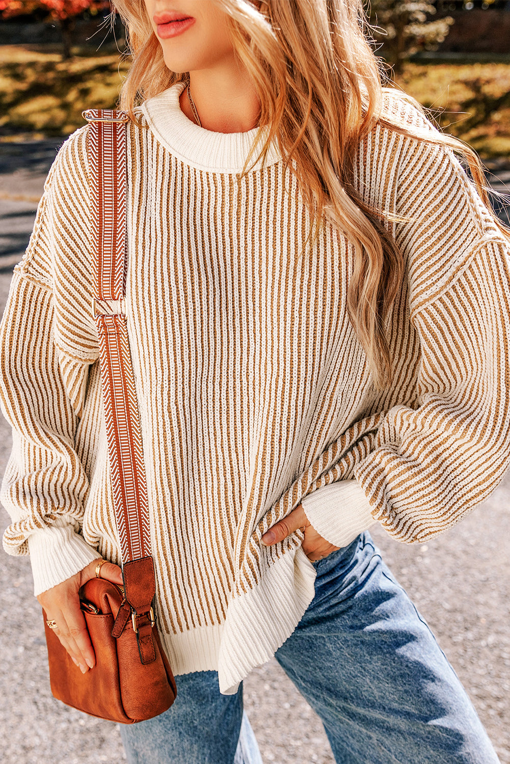 Bright Pink Striped Textured Knit Contrast Edge Loose Sweater