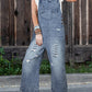 Stone Blue Distressed Bib Pocket Wide Leg Denim Overall