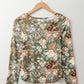 Green Floral Print Mesh Fitted Long Sleeve Top