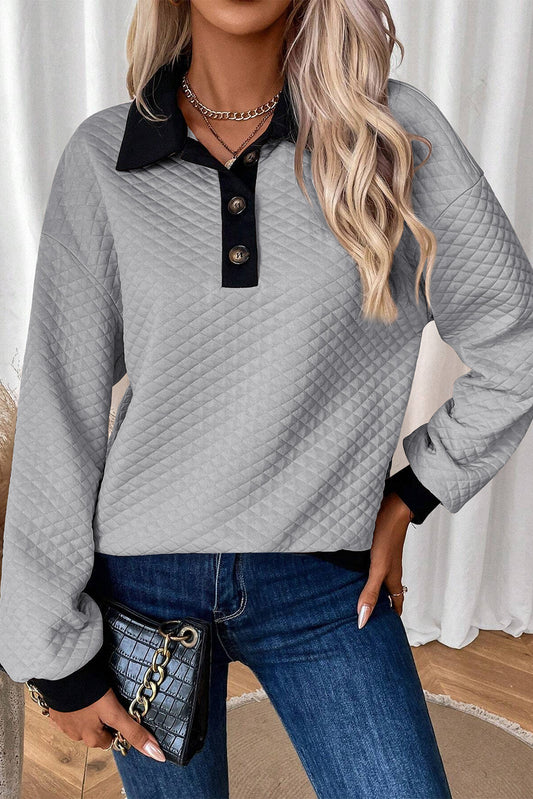 Light Grey Textured Colourblock Edge Buttoned Collar Sweatshirt