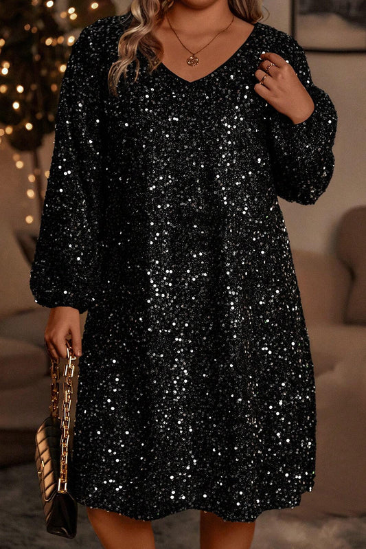 Colour black Plus Size Bubble Sleeve V Neck Sequin Dress