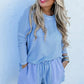 Light Blue Plus Size Ribbed Long Sleeve Top and Drawstring Shorts Set