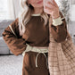 Coffee Color Contrast Loose Pullover and Lace-up Waist Skort Set