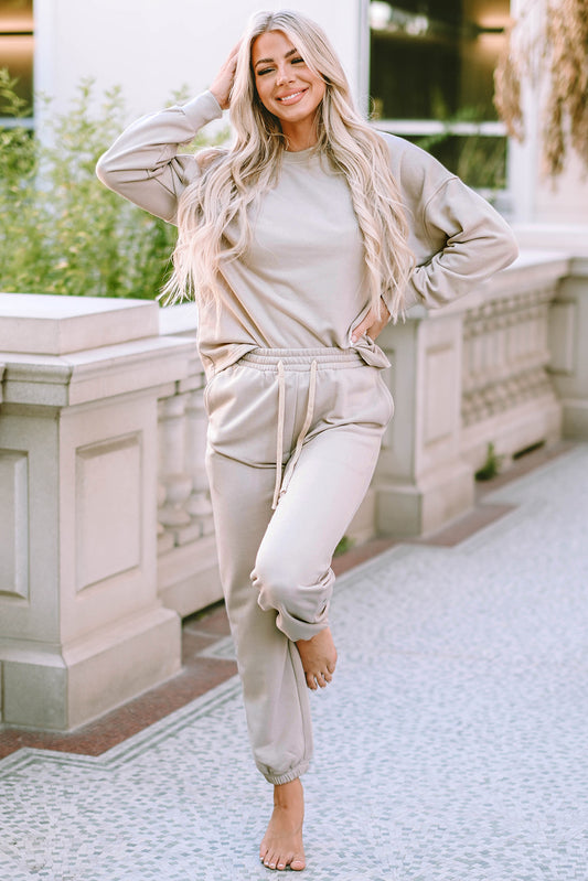 Beige Long Sleeve Top and Drawstring Trousers Lounge Outfit