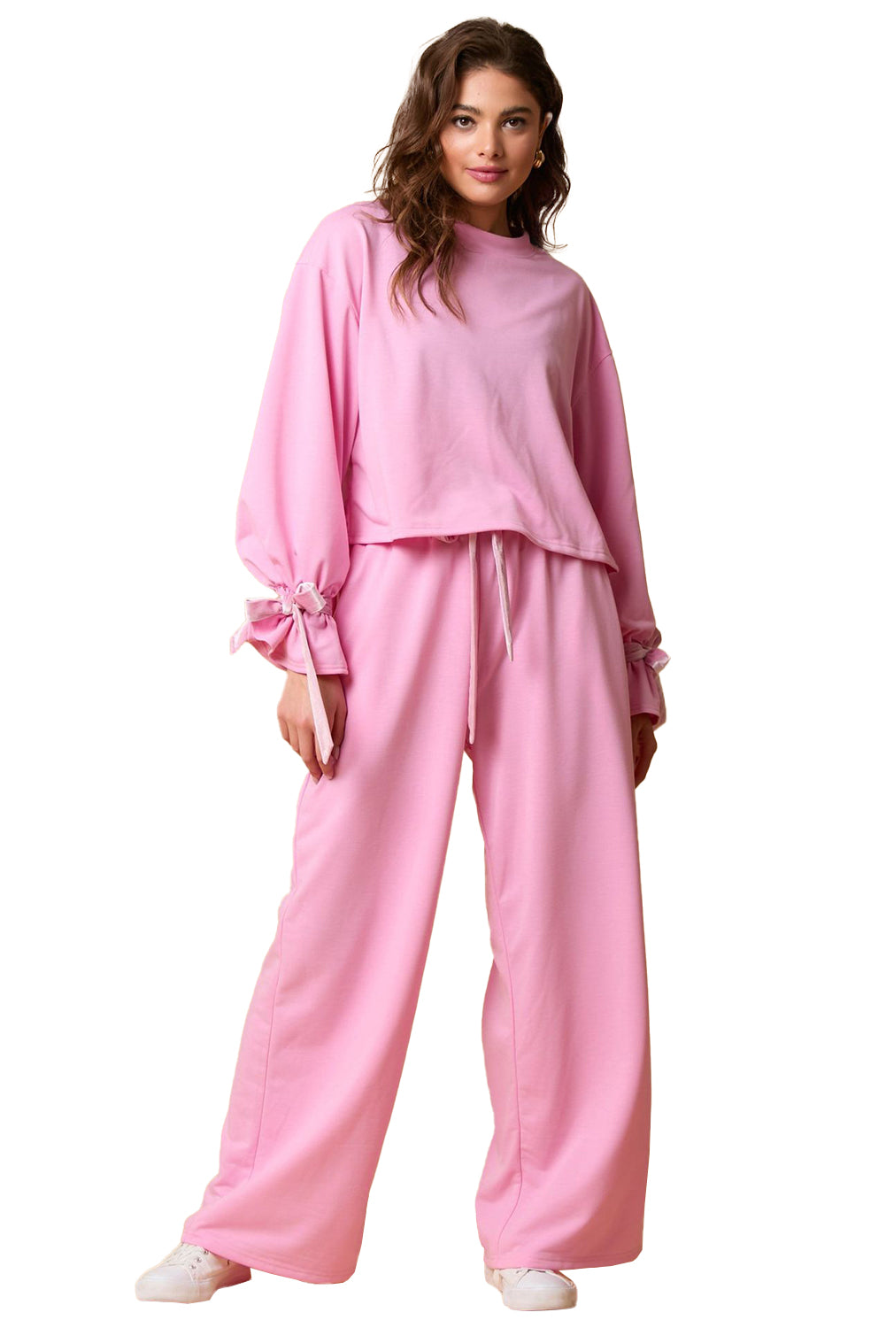 Bonbon Solid Colour Drawstring Long Sleeve Top and Trousers Set