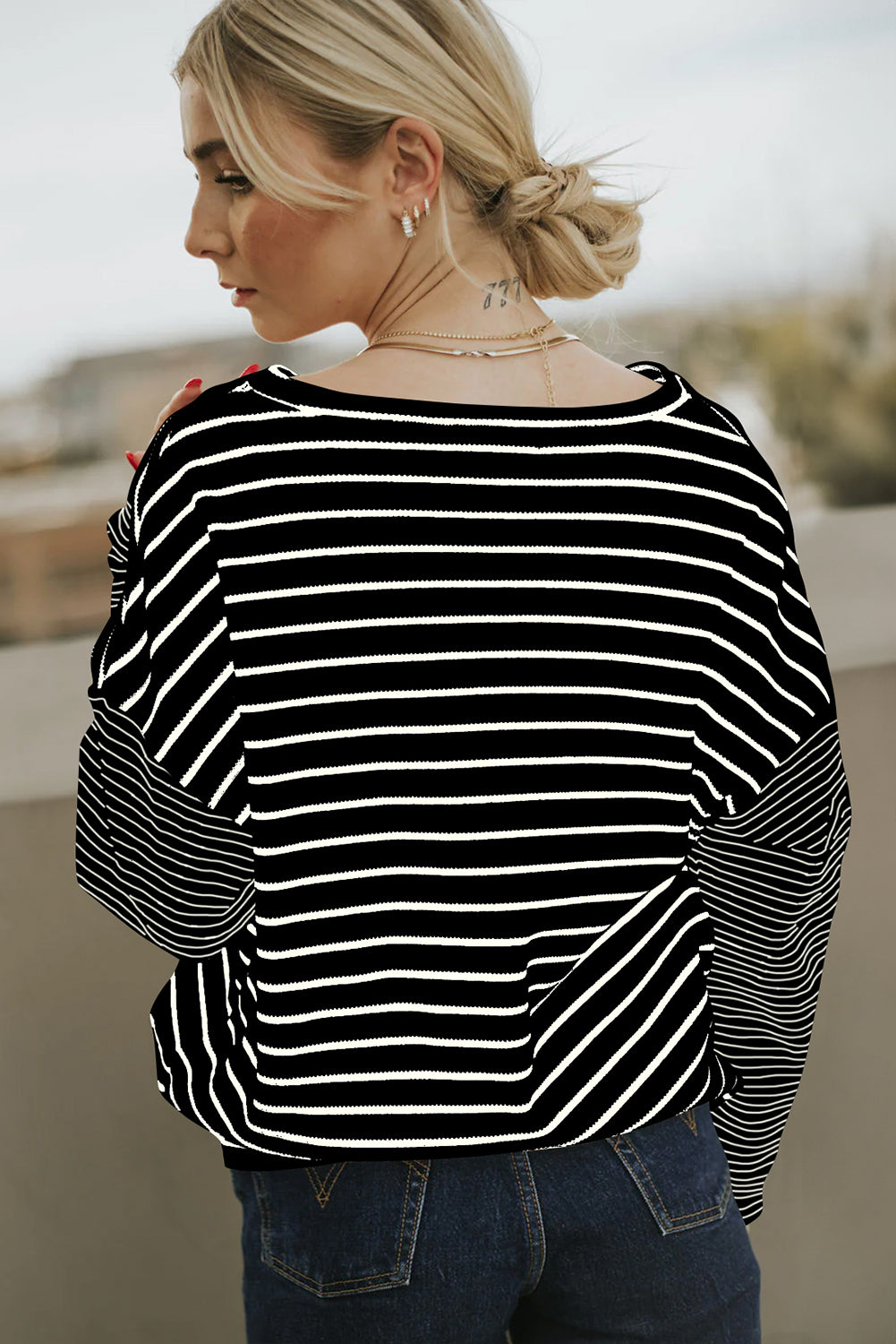 Black Striped Patchwork Loose Long Sleeve Tee