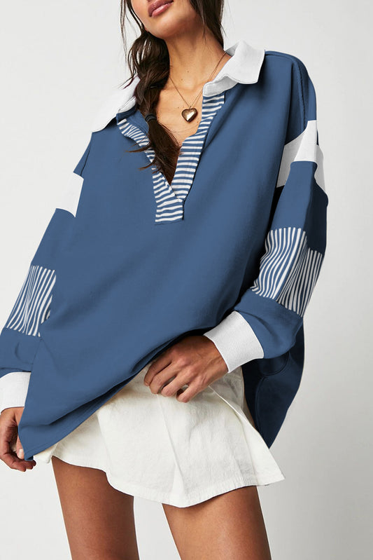 Sail Blue Striped Colourblock Patchwork Collar Sweatshirt