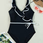 Black Color Contrast Ruffled Wrap V Neck Swimsuit