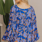 Blue Floral Print Batwing Sleeve Buttoned Loose Fit Shirt