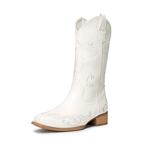 Cowboy Boots Mid Calf Cowgirl Boots Embroidery Stitched Square Toe Western Boots