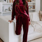 Fiery Red Solid Velvet Two Piece Lounge Set