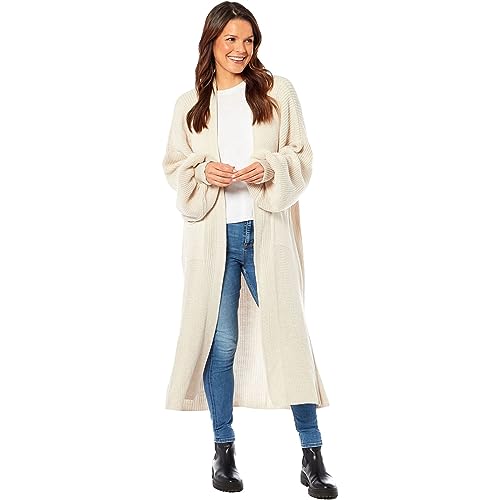 Oversized Long Cardigan Balloon Sleeve Chunky Rib Open Knit Pockets