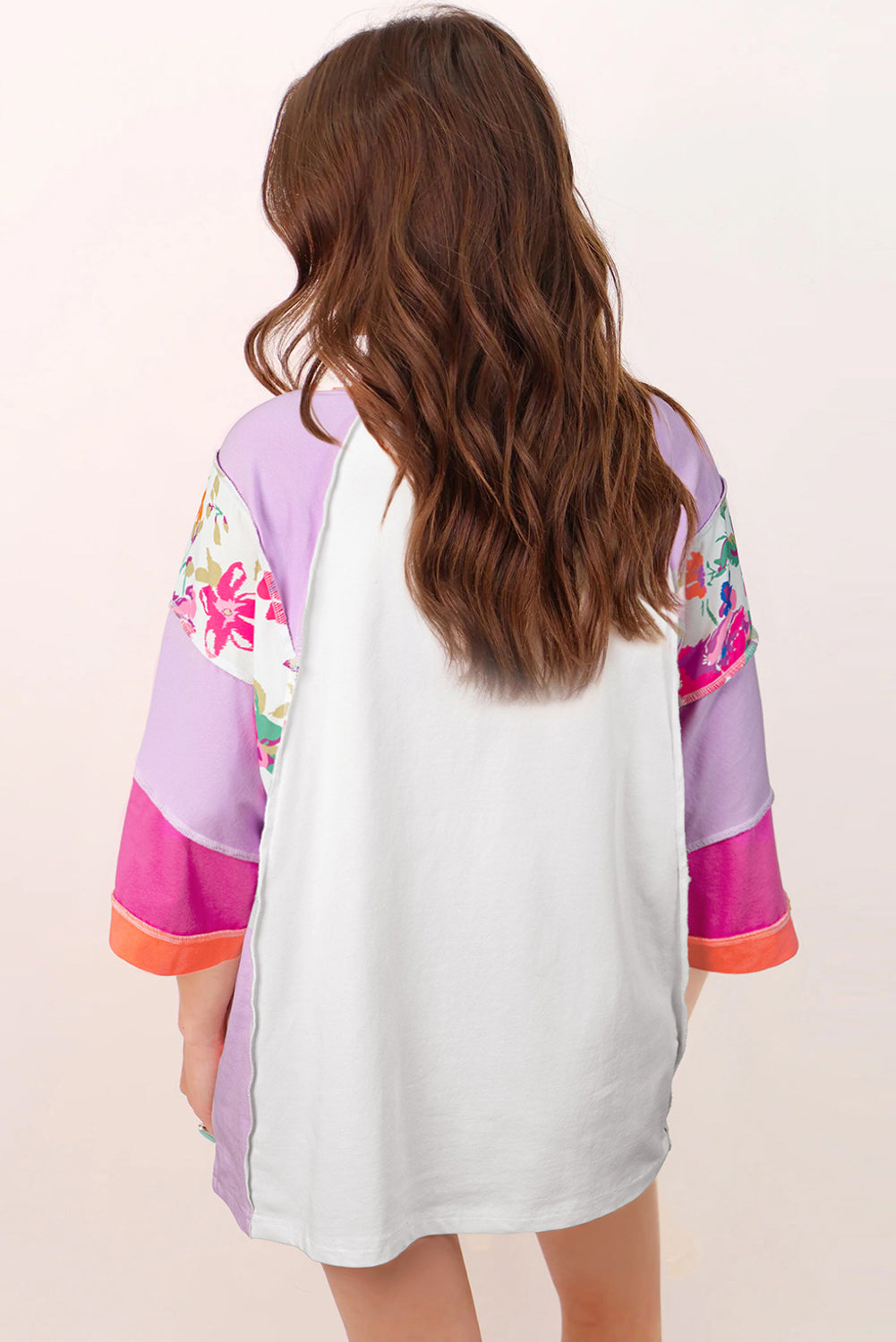 Sachet Pink Floral Color Block Patchwork 3/4 Sleeve Casual Blouse