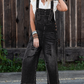 Black Distressed Bib Pocket Wide Leg Denim Overall