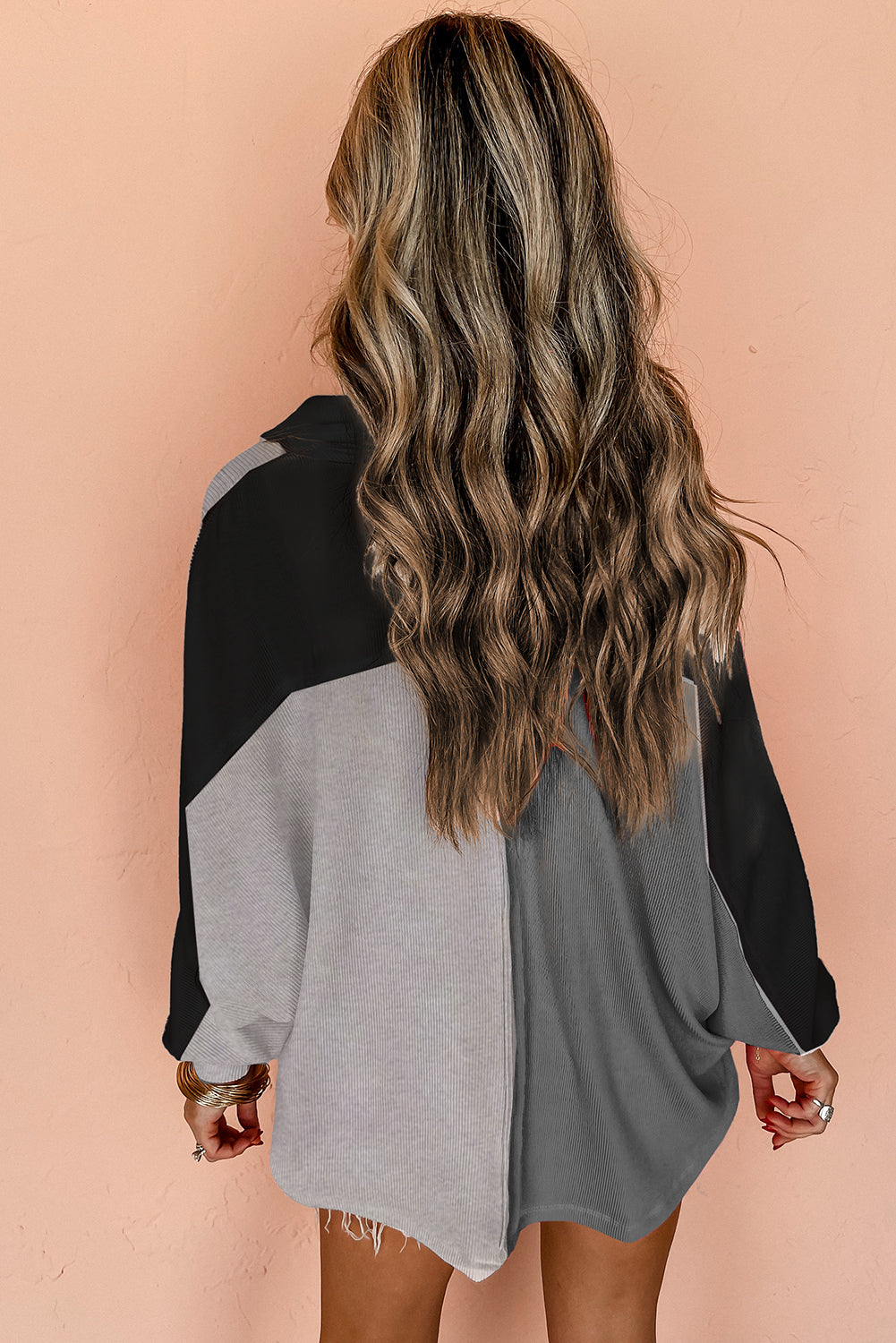 Grey Colourblock Ribbed Collared Oversized Sweatshirt