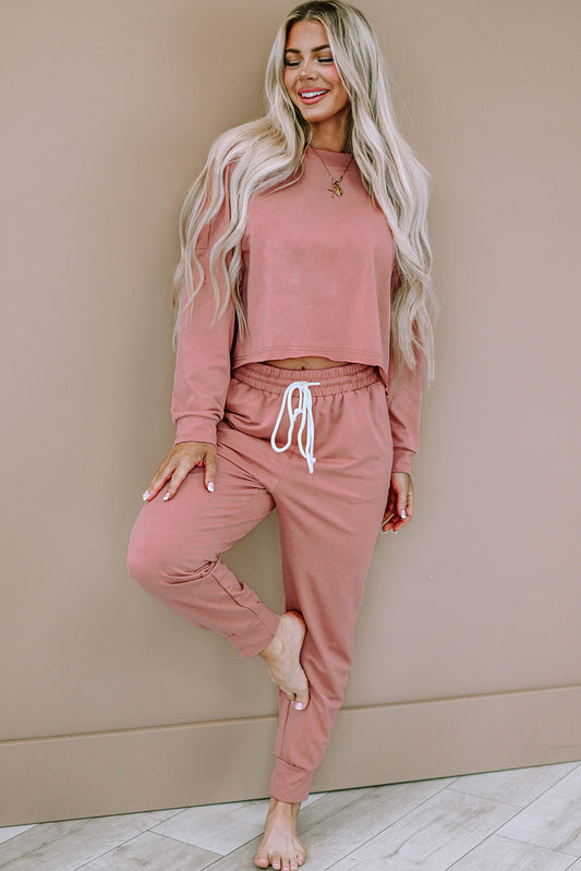 Pink Solid Sport Boxy Fit Pullover & Trousers Outfit