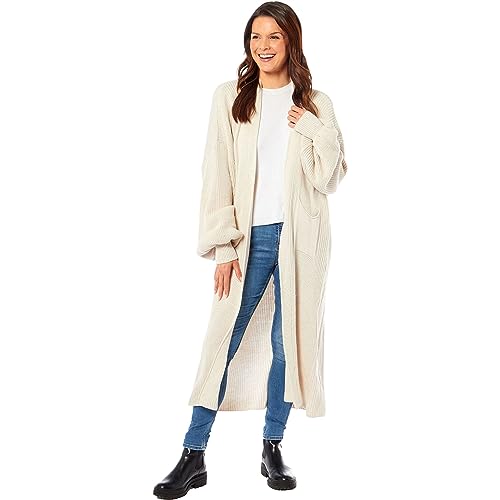 Oversized Long Cardigan Balloon Sleeve Chunky Rib Open Knit Pockets