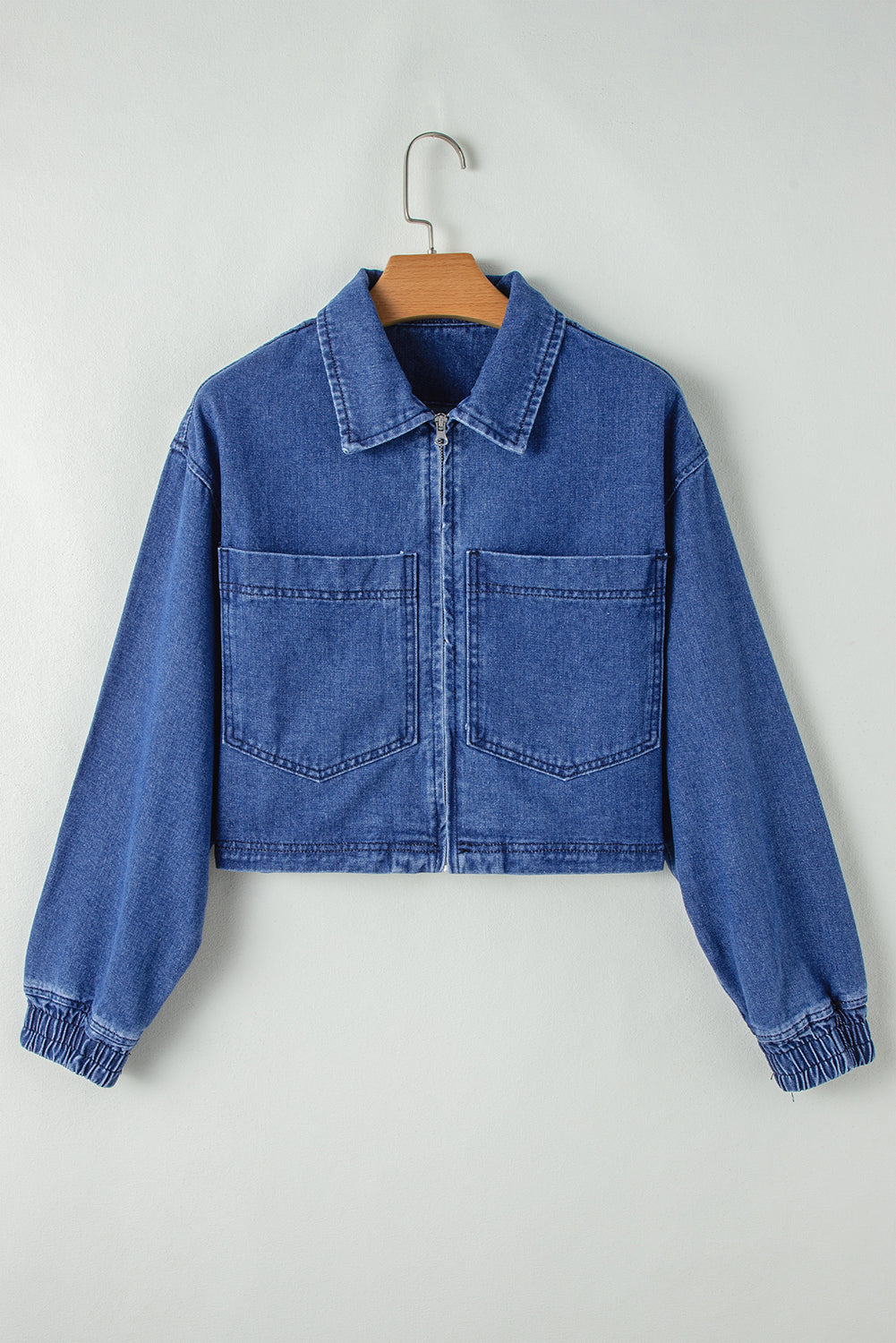 Sail Blue Large Side Pockets Zip-up Denim Jacket